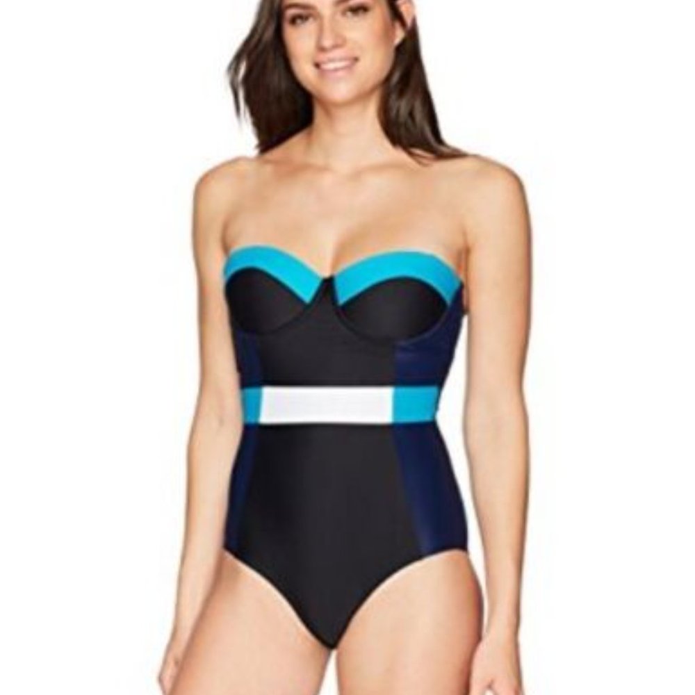 NWT L Large Coastal Blue Constructed Colorblock One Piece Swim Suit Molded Cups